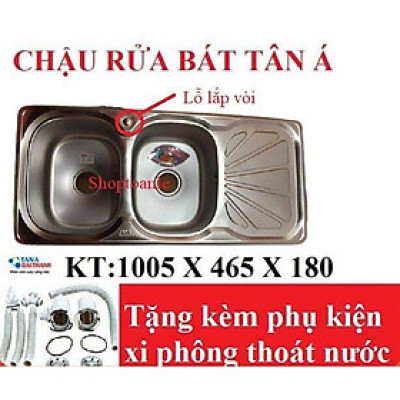 Chậu rửa bát Inox Tân Á xuất khẩu 2 ngăn (có bàn phụ) - đã đủ phụ kiện thoát nước