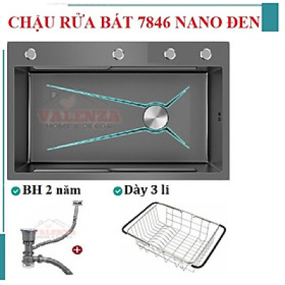 Chậu rửa bát 1 hố Valenza 7846 inox 304 nano đen dày 3li kèm bộ xả ngăn mùi, khay inox, rổ lỗ inox-Hàng chính hãng