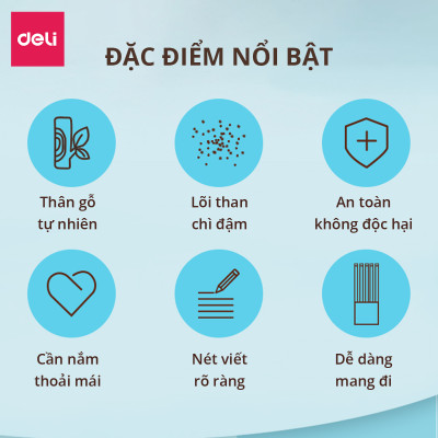Bút chì lục giác có tẩy Deli - Bút chì gỗ - Phù hợp cho học sinh viên văn phòng ghi chú tập viết vẽ phác thảo - Loại 2B/HB - 12 chiếc/hộp - EC016