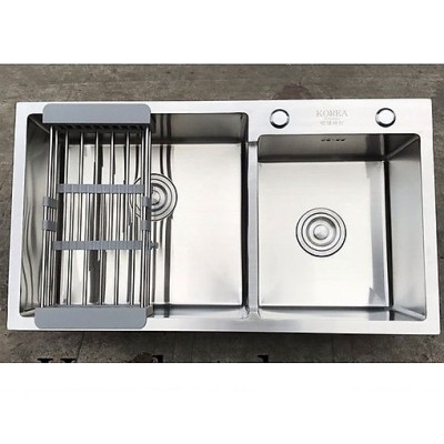 Chậu rửa chén bát inox Valenza 8245 hai hố lệch, kèm bộ xiphong xả chậu, rá inox đa năng