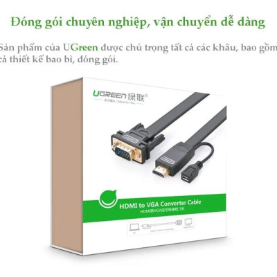 Ugreen UG40267MM101TK 1.5M màu Đen Cáp chuyển đỗi HDMI sang VGA kèm cổng trợ nguồn Micro USB - HÀNG CHÍNH HÃNG