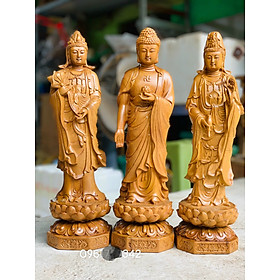 Bộ tượng phật tam thánh bằng gỗ bách xanh thơm nức kt cao 50×15×15cm