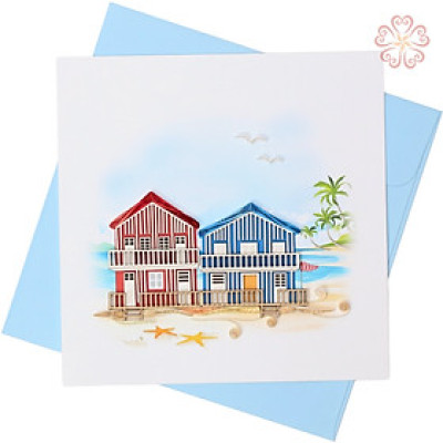 Thiệp Giấy Xoắn Nghệ Thuật - hai căn nhà trên bãi biển - size 15x15cm