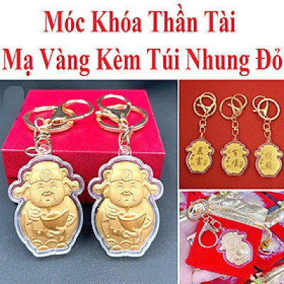 Móc Khóa Thần Tài Mạ Vàng Kèm Túi Nhung Đỏ May Mắn Tài Lộc