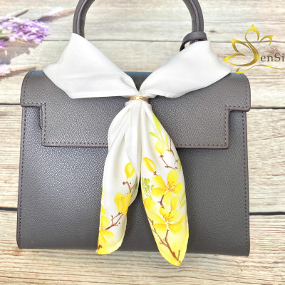 Khăn Lụa Thắt Nơ Cổ Vẽ Tay Mai Vàng SenSilk 55x55cm, Lụa Tơ Tằm Bảo Lộc Thời Trang - Phụ Kiện Lụa Cao Cấp