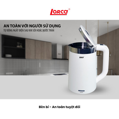 Ấm Siêu Tốc Inox 2 Lớp 1.7L Lorca TA 3015P, Công Suất 2200W, Thân Chống Bỏng, Hàng Chính Hãng Mới