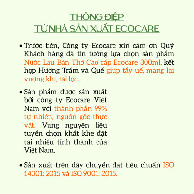 Nước Lau Bàn Thờ Cao cấp Ecocare 300ml kết hợp giữa Trầm Hương và Quế giúp tẩy uế, mang lại vượng khí