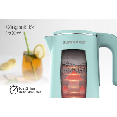 Ấm đun nước siêu tốc Sun house SHD1351 - Bình đun siêu tốc cao cấp inox 2 lớp 1.8L - Hàng chính hãng