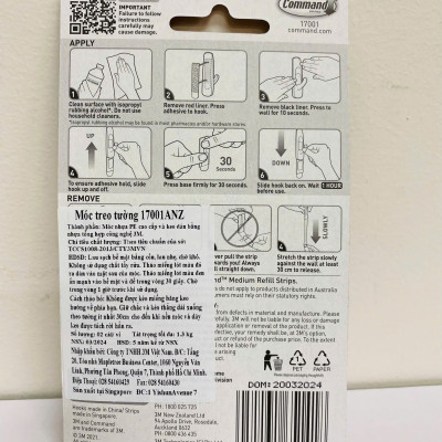 Móc dán tường kiểu vuông 3M COMMAND 17001ANZ, 1.3 kg, 2 cái/vỉ