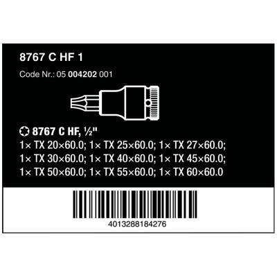 Bộ đầu tuýp hoa thị với chức năng giữ vít 1/2", 8767 c torx hf 1, Wera 05004202001