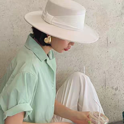 Nón cao bồi vành bằng mũ rộng vành nỉ dạ phối đai trắng thời trang Hàn Quốc dona24080801