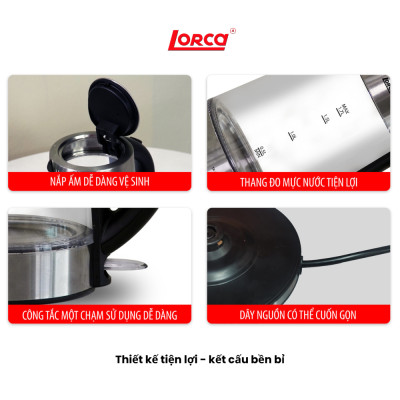Ấm Đun Siêu Tốc 2 Lớp 1.7L Lorca TA 3006A Hàng Chính Hãng Ấm Đun Nước Thủy Tinh Inox Đun Nhanh, Công Suất Lớn 2200W