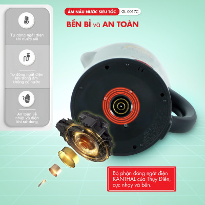 Ấm đun siêu tốc Gali GL-0017C thân ấm 2 lớp, vỏ ngoài bằng nhựa nguyên sinh chịu nhiệt tốt, hàng chính hãng 100%. Bảo hành 24 tháng.