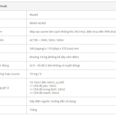 MAXELL - MÁY TẠO OZONE LÀM SẠCH KHÔNG KHÍ, KHỬ MÙI, DIỆT VI KHUẨN MXAP- AE400 - HÀNG CHÍNH HÃNG