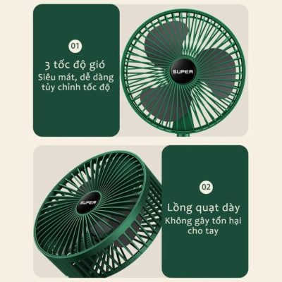 Quạjt Tích Điện Để Bàn Mijni Gấp Gọn: 3 Tốc Độ, Xoay 360 Độ, Pin Dung Lượng Lớn, ĐÈN TRANG TRÍ