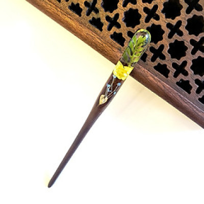 Trâm cài tóc gỗ- resin & hoa snowy vàng- dương sỉ