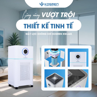 Máy Lọc Không Khí Kosmen KM - A65 Lọc Bằng Ion âm, Diệt Khuẩn Bằng Đèn UV, Khóa Trẻ Em - Hàng Chính Hãng BH 24 Tháng