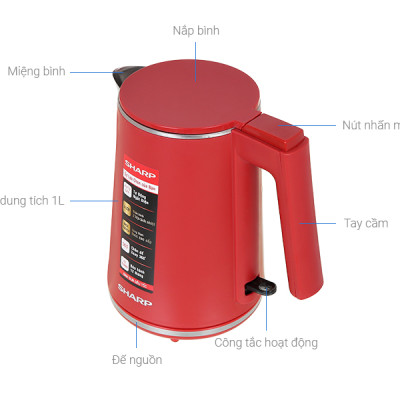 Bình đun siêu tốc Sharp 1 lít EKJ-10DVPS (BK/RD) - Công suất 1500W - Hàng chính hãng