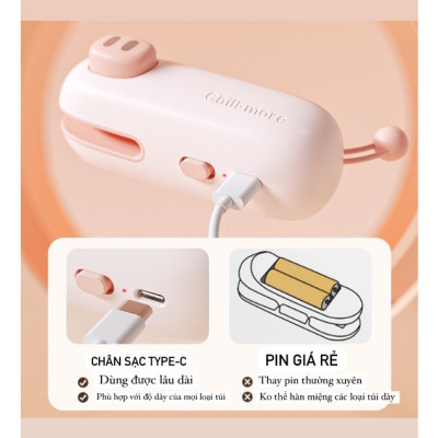 Máy Hàn Miệng Túi Cầm Tay Cute, Máy Ép Miệng Túi Đồ Ăn Vặt Sạc Pin Tích Hợp Nam Châm Kèm Đầu Cắt Tiện Dụng - Hàng Chính Hãng MINIIN