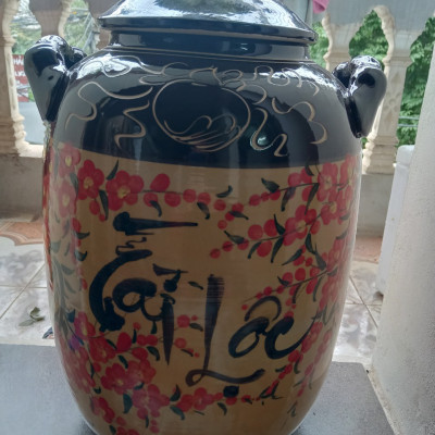 Hũ đựng gạo vẽ phong cảnh gốm sứ Bát Tràng loại 15L ( 10Kg gạo)