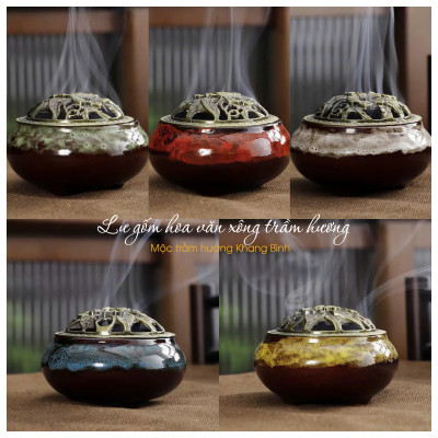 Lư gốm sứ Hoa Văn Xông đốt nụ vân mây nhang Trầm Hương kèm đế lót bông - Mộc Trầm Hương Khang Bình