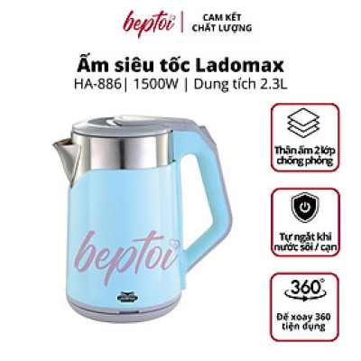 Bình đun siêu tốc dung tích 2.3 Lít, ấm siêu tốc Inox 2 lớp chống phỏng đun nước siêu nhanh Ladomax HA-886 - Hàng chính hãng