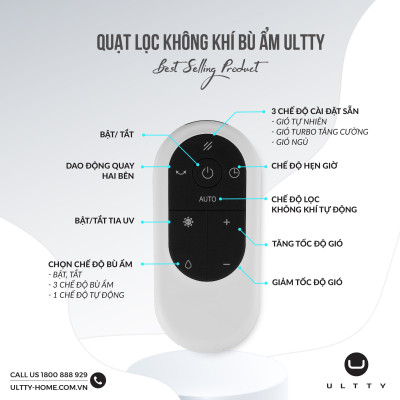 Máy Lọc Không Khí Bù Ẩm ULTTY SKJ-CR022 Dạng Quạt, Diệt Khuẩn Bằng Tia UV, Chế Độ Làm Mát 9 Cấp, Bộ Lọc HEPA H13 Loại Bỏ 99,97% Bụi Mịn, Vi Khuẩn, Virut, Bù Ẩm 3 Cấp - Hàng Chính Hãng