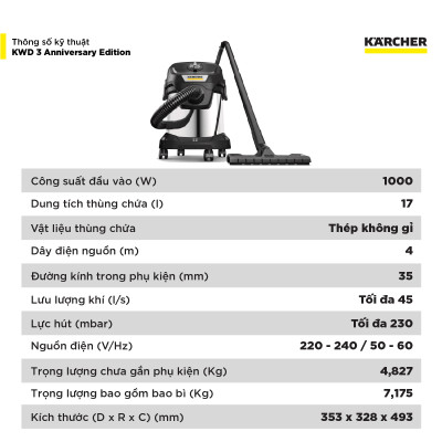 [BẢN KỶ NIỆM GIỚI HẠN] Máy hút bụi đa năng khô và ướt Karcher KWD 3 S Anniversary - Sản xuất châu Âu - Công suất 1000W - Hàng Chính Hãng
