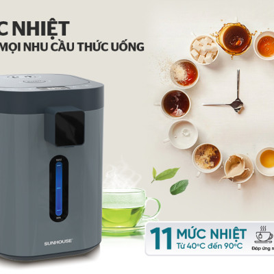 Bình thủy điện Sunhouse SHD1440, Công suất 680W, Dung tích 3.2 Lít, Chất liệu ruột bình inox 304, Điều khiển cảm ứng, Có thể tùy chỉnh nhiệt độ nước với 11 mức nhiệt từ 40 - 90 độ, Bảo hành 12 tháng - Hàng chính hãng
