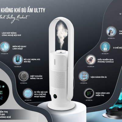Máy Lọc Không Khí Bù Ẩm ULTTY SKJ-CR022 Dạng Quạt, Diệt Khuẩn Bằng Tia UV, Chế Độ Làm Mát 9 Cấp, Bộ Lọc HEPA H13 Loại Bỏ 99,97% Bụi Mịn, Vi Khuẩn, Virut, Bù Ẩm 3 Cấp - Hàng Chính Hãng