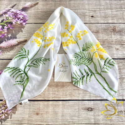 Khăn Lụa Handmade Vẽ Hoa Mimosa SenSilk – Quà Kỷ Niệm Tình Yêu, Khăn Vuông Thời Trang 75*75