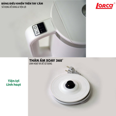 Ấm Siêu Tốc Inox 2 Lớp 1.7L Lorca TA 3015P, Công Suất 2200W, Thân Chống Bỏng, Hàng Chính Hãng Mới