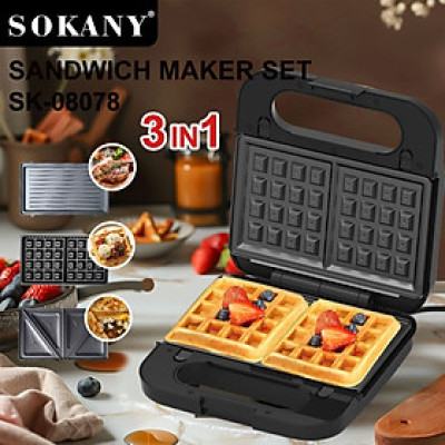 Máy kẹp nướng bánh mì đa năng 3IN1 SOKANY SK-08078 khay chống dính cao cấp dễ dàng vệ sinh, tiện dụng cho mọi gia đình - HÀNG CHÍNH HÃNG - DELIYA