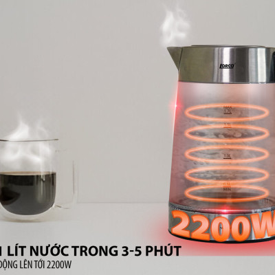 Ấm Đun Siêu Tốc 2 Lớp 1.7L Lorca TA 3006A Hàng Chính Hãng Ấm Đun Nước Thủy Tinh Inox Đun Nhanh, Công Suất Lớn 2200W