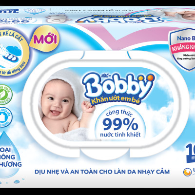 Khăn ướt Bobby NANO Bạc kháng khuẩn gói 100 tờ không hương