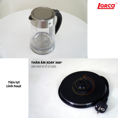 Ấm Đun Siêu Tốc 2 Lớp 1.7L Lorca TA 3006A Hàng Chính Hãng Ấm Đun Nước Thủy Tinh Inox Đun Nhanh, Công Suất Lớn 2200W
