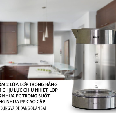 Ấm Đun Siêu Tốc 2 Lớp 1.7L Lorca TA 3006A Hàng Chính Hãng Ấm Đun Nước Thủy Tinh Inox Đun Nhanh, Công Suất Lớn 2200W