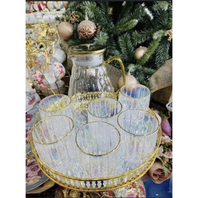 Bộ bình đựng nước uống thủy tinh vân sần cốc loe thấp kèm khay