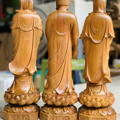 Bộ tượng phật tam thánh bằng gỗ bách xanh thơm nức kt cao 40×12cm