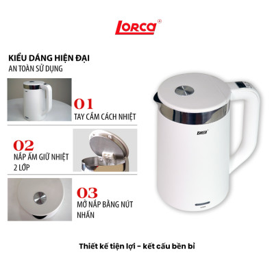 Ấm Siêu Tốc Inox 2 Lớp 1.7L Lorca TA 3015P, Công Suất 2200W, Thân Chống Bỏng, Hàng Chính Hãng Mới