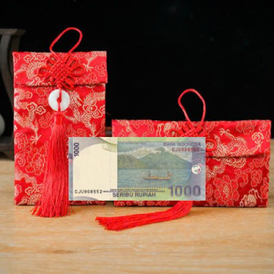 Túi gấm màu xanh loại 1000 Indonesia phiên bản cũ sưu tầm, làm quà tặng