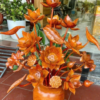 1 bình hoa sen 25 bông phong thủy trang trí phòng khách phòng thờ bằng gỗ hương đá đẹp long lanh  