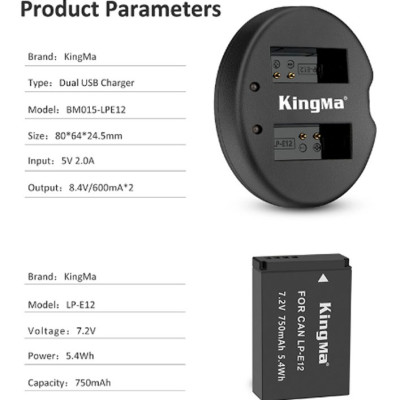 Combo 1 pin 1 sạc đôi Kingma for Canon LP-E12 - Hàng chính hãng