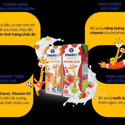 Thùng sữa nước trái cây Smarta Grow (vị dâu) giúp trẻ tăng chiều cao, phát triển não bộ, dinh dưỡng cho trẻ thấp còi (48 hộp x 180ml)
