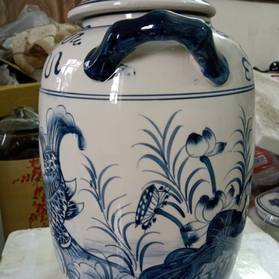 Hũ đựng gạo gốm sứ Bát Tràng vẽ cá chép loại 15L