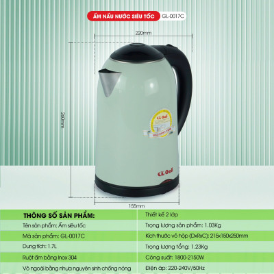 Ấm đun siêu tốc Gali GL-0017C thân ấm 2 lớp, vỏ ngoài bằng nhựa nguyên sinh chịu nhiệt tốt, hàng chính hãng 100%. Bảo hành 24 tháng.