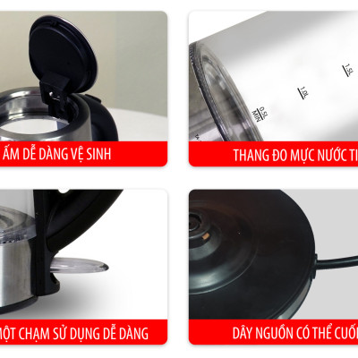 Ấm Đun Siêu Tốc 2 Lớp 1.7L Lorca TA 3006A Hàng Chính Hãng Ấm Đun Nước Thủy Tinh Inox Đun Nhanh, Công Suất Lớn 2200W