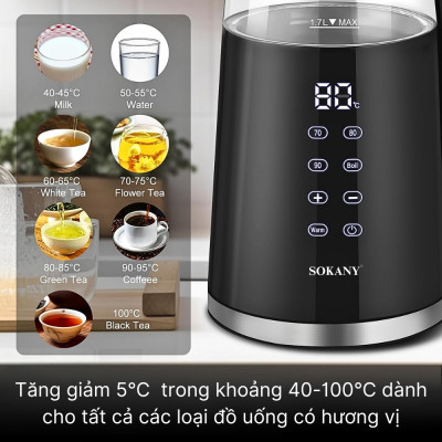 Ấm đun nước siêu tốc SOKANY SK-09050, Ấm đun nước giữ nhiệt dung tích 1.7L, hâm nước pha sữa, điều chỉnh, hiển thị nhiệt - HÀNG CHÍNH HÃNG - DELIYA