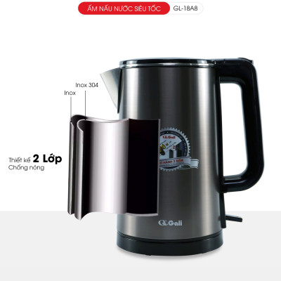 Ấm Siêu Tốc Gali GL-18A8 Thân Ấm Nguyên Khối Inox 304. Thiết kế 2 lớp Chống Nóng. hàng chính hãng, bảo hành 24 tháng