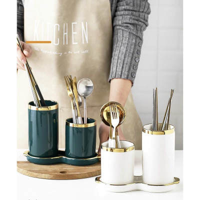 ỐNG ĐỰNG THÌA ĐŨA ĐÔI KHÈM KHAY BẰNG SỨ VIỀN VÀNG PHONG CÁCH BẮC ÂU SANG TRỌNG